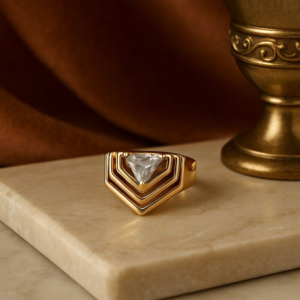 Gold Tone Chevron Ring with CZ Accent